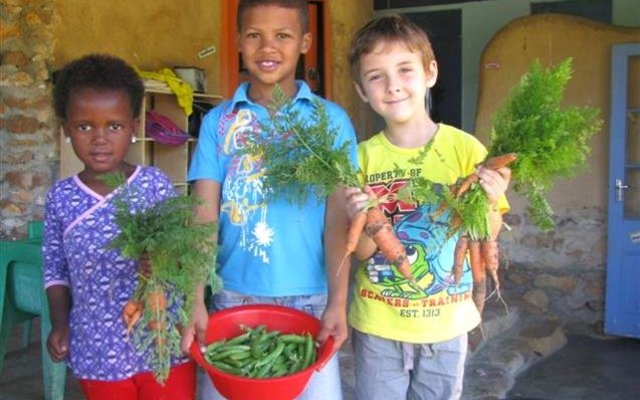 Kinders van die Flower Valley Voorskool spog hier met groente vanuit die skool se eie groentetuin